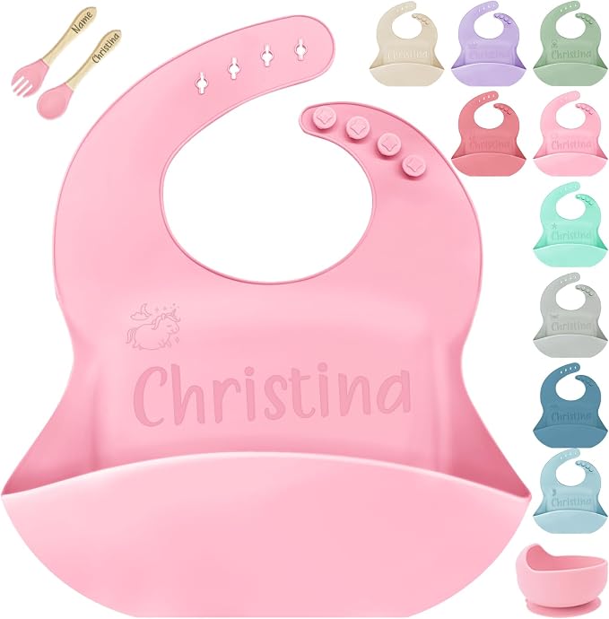 SRdrew Personalized Silicone Bibs Set Custom Engraved Name Icon Toddler Bib by SRdrew