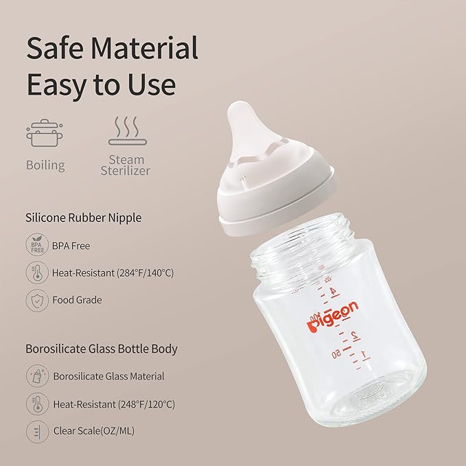 Pigeon Glass Nursing Bottle Wide Neck, Anti-Colic, Streamlined Body, Natural - Image 8