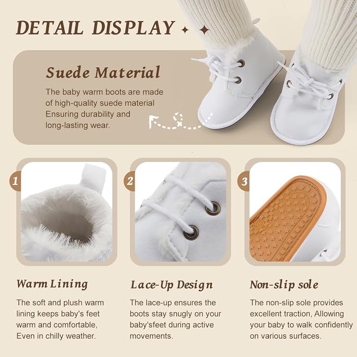Baby Unisex Warm Snow Boots Newborn Leather Fur Lace Up Ankle Anti-Slip Rubber - Image 3