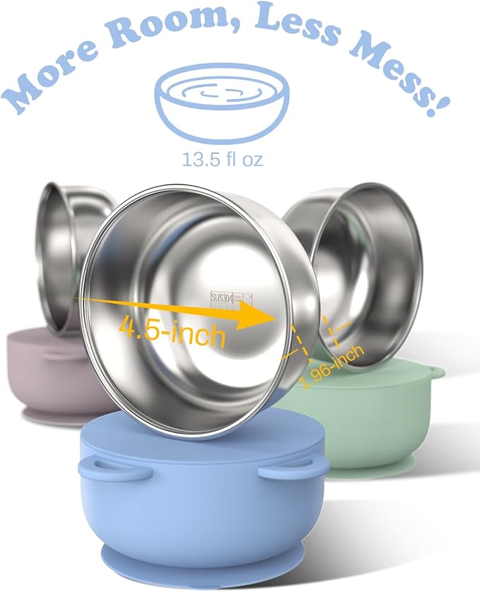 Baby Suction Bowls with Lids 4-Pack, 2-in-1 Stainless Steel 304 Toddler Bowl & - Image 2
