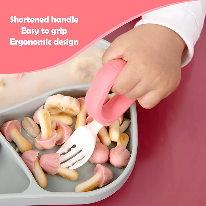 Training Spoon & Fork with Travel Case Pink | Toddler Self Feeding Utensil Set - Image 4