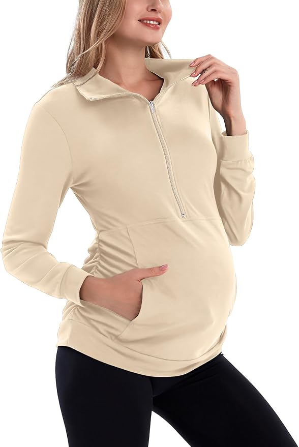 GINKANA Maternity Women's Long Sleeve Shirt Half Zipper Lapel Lightweight by GINKANA