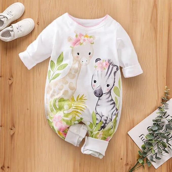 Cute Giraffe + Zebra With Floral Print Long Sleeve Baby Girl Clothes White - Image 2