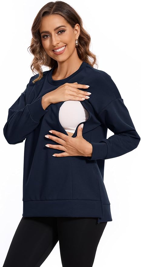Smallshow Women's Nursing Tops Sweatshirt Long Sleeve Side Split Breastfeeding - Image 2