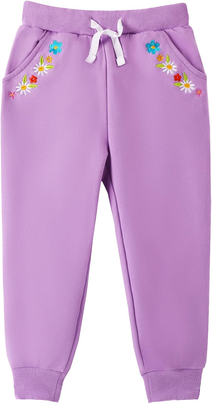 HILEELANG Girls Cotton Joggers Sweatpants Embroidery Drawstring Waist Pockets - Image 4