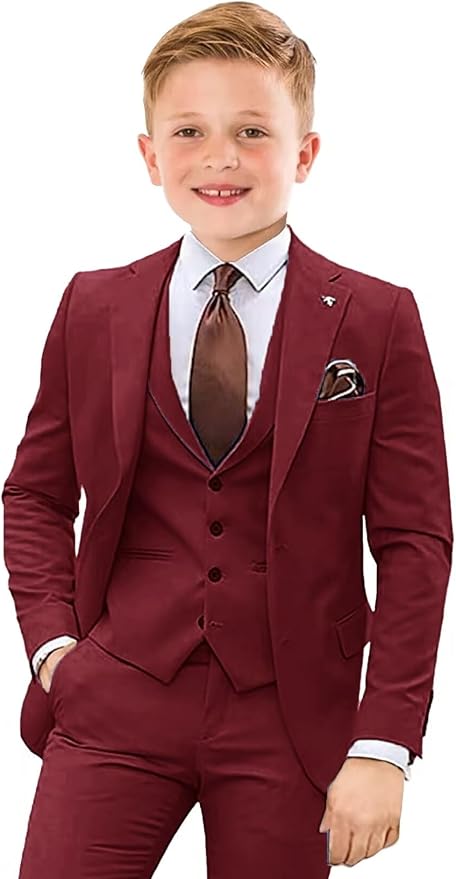Boys Suit 4 Piece Slim Fit Kids Tuxedo Suit Formal Wedding Outfit Blazer Vest by Tesscy