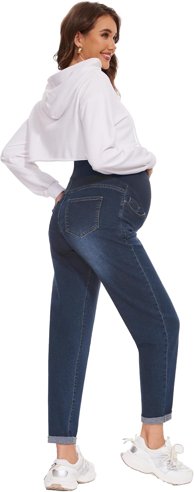 POSHGLAM Women's Maternity Jeans Over Belly Comfy Stretch 28'' Boyfriend Jeans - Image 5