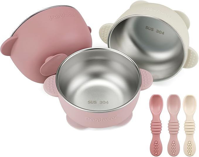 PandaEar 3 Pack Stainless Steel Suction Baby Bowls & 3 Baby Feeding Spoons | by PandaEar