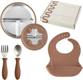 Stainless Steel Toddler Feeding Set 4 Pieces – Suction Plate, Silicone Bib by TotsGround