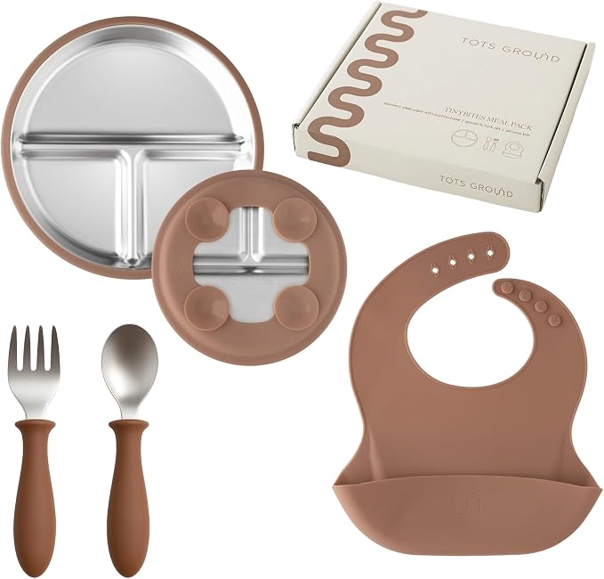 Stainless Steel Toddler Feeding Set 4 Pieces – Suction Plate, Silicone Bib by TotsGround