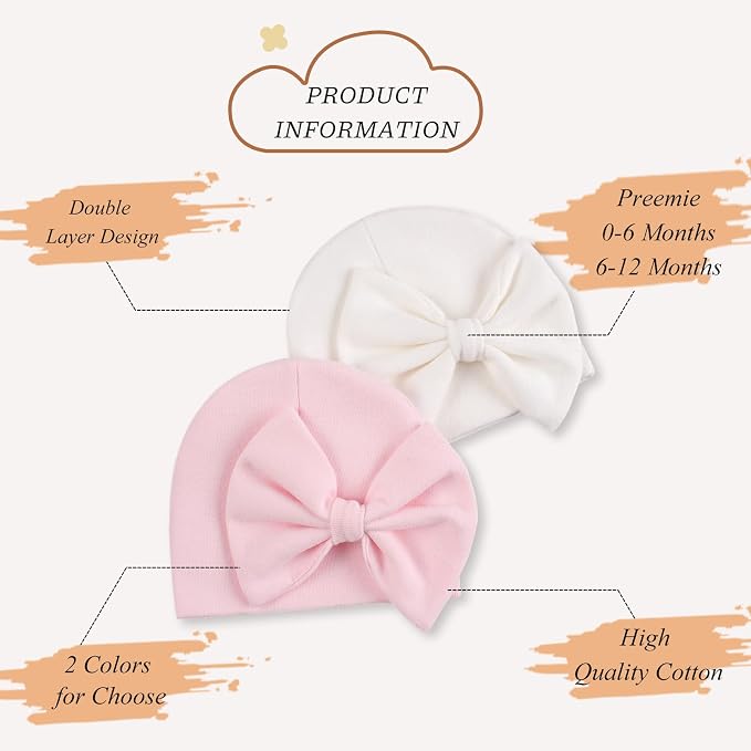 Bamery Newborn Baby Girl Hat Cotton Baby Bow Beanie Preemie Hats Spring Infant - Image 2