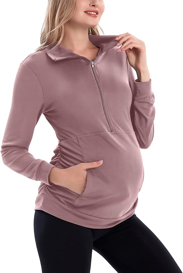 GINKANA Maternity Women's Long Sleeve Shirt Half Zipper Lapel Lightweight by GINKANA