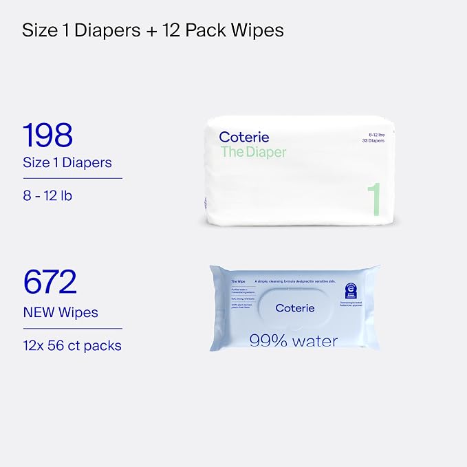 Coterie Baby Wipes + Diapers Kit, Size 1 Diapers & 12 Pack Baby Wipes - Image 2