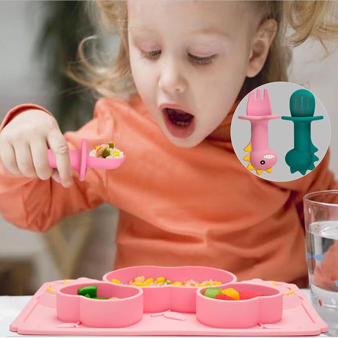 3Pcs Toddler Silicone Dinosaur Placemat Spoon and Fork Set, Divided Plate Dish - Image 4