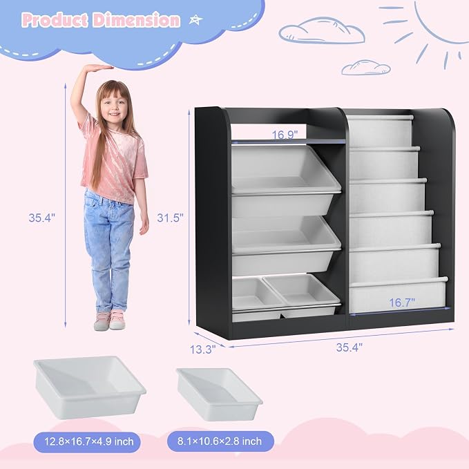 Black Kids Wood Bookshelf Toy Storage Box Organizer Shelf W/4 Removable Plastic - Image 2