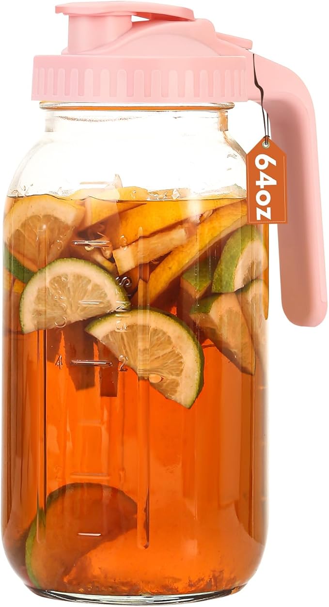 Glass Pitcher with Lid, 64 OZ Mason Jar Pitcher Double Leak Proof, 2 Quart by Mihlapi