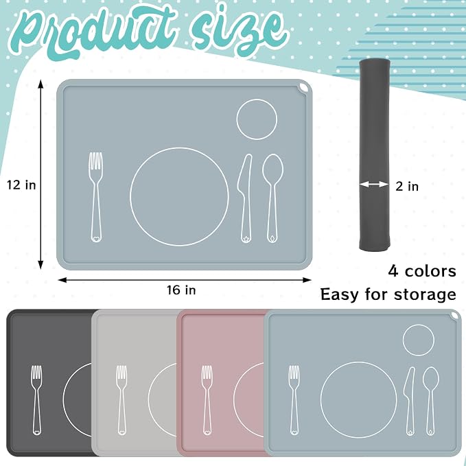 Zhehao 4 Pcs Montessori Kids Placemat 16 x 12'' Non Slip Baby Silicone Placemats - Image 2