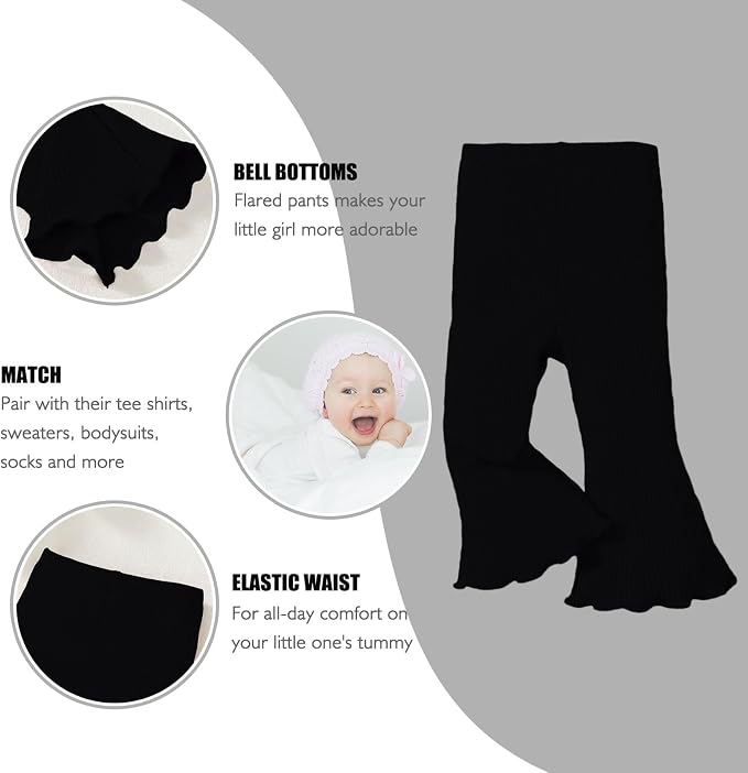 SOBOWO Baby Girl Flare Pants 3 Pack Toddler Solid Ribbed Ruffle Bell Bottoms - Image 2
