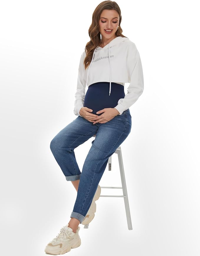 POSHGLAM Women's Maternity Jeans Over Belly Comfy Stretch 28'' Boyfriend Jeans - Image 4