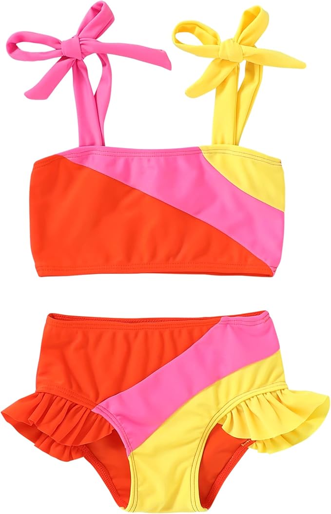 YOUNGER TREE Toddler Girls Two Pieces Swimsuit Color Block Stripe Swimwear by YOUNGERTREE
