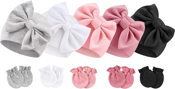 BQUBO Newborn Baby Girls Hats Mittens Set Hospital Hat Beanie Infant Bow Hats by DRESHOW