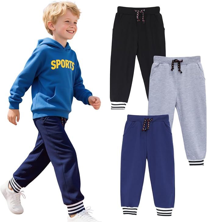 HILEELANG Toddler Boys Cotton Jogger Sweatpants 3 Pack, Soft Adjust Elastic by HILEELANG