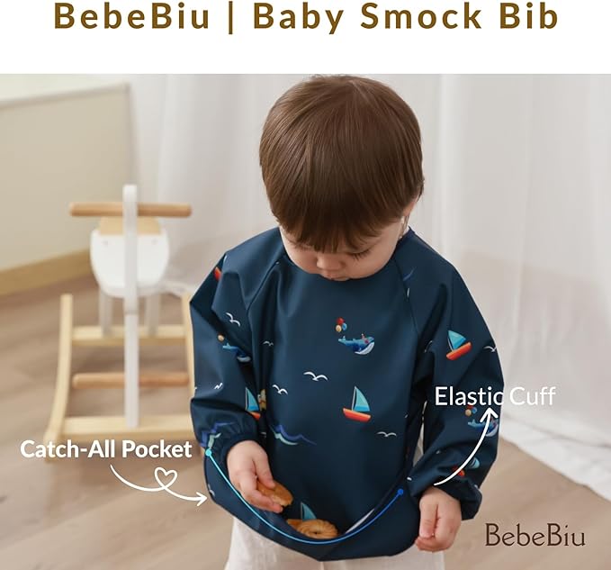 Long Sleeve Baby Bib, Waterproof Fabric, Catch-All Pocket, Baby Smock Bib - Image 5