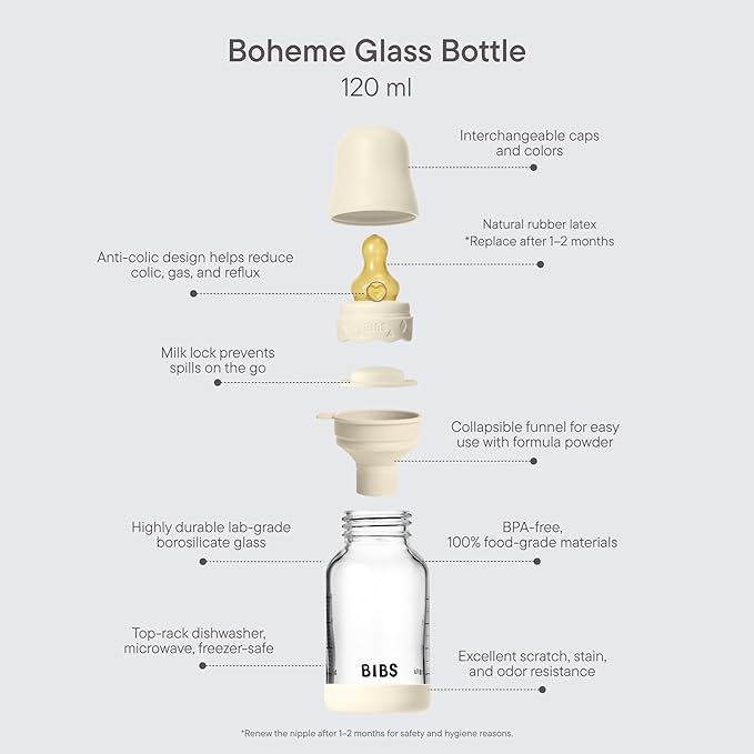 BIBS Boheme Baby Glass Bottle 4 oz /120 ml. Anti-Colic. Round Natural Rubber - Image 3