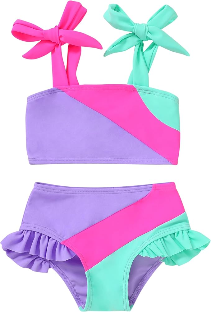 YOUNGER TREE Toddler Girls Two Pieces Swimsuit Color Block Stripe Swimwear by YOUNGERTREE