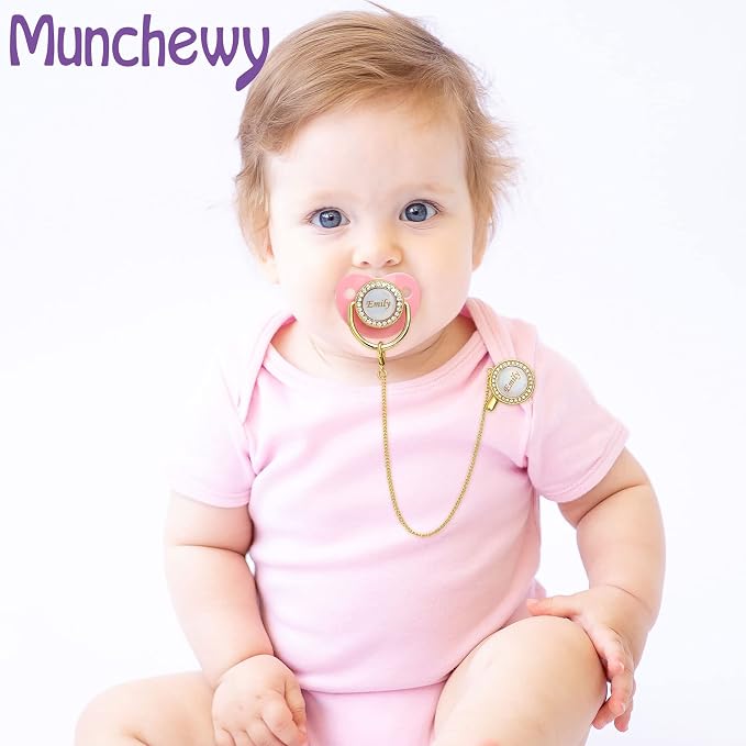 Personalized Pacifier with Name, Bling Gold Pacifier Clip Set with Gift Box - Image 4