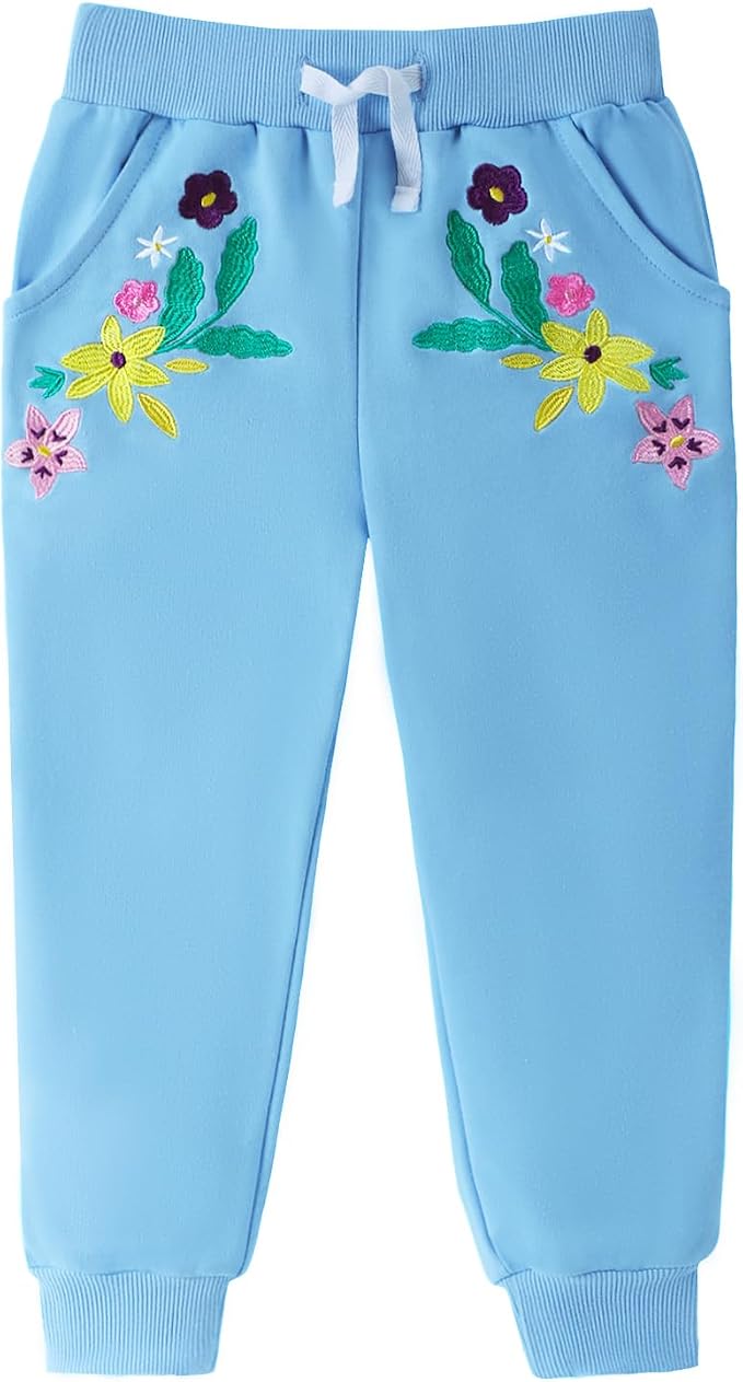 HILEELANG Girls Cotton Joggers Sweatpants Embroidery Drawstring Waist Pockets - Image 4