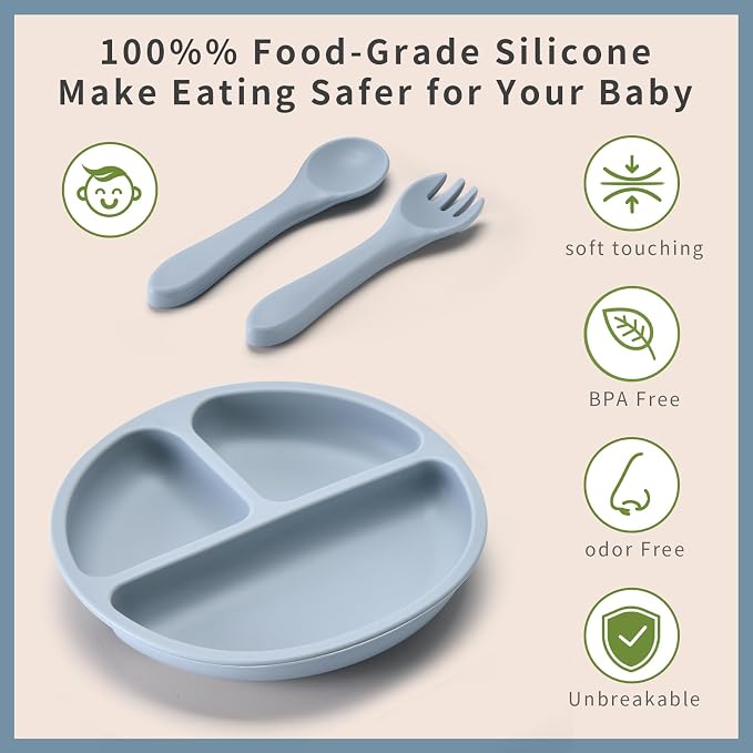 Silicone Baby Feeding Set, Includes Baby Spoons, Toddler Plates and Baby Fork - Image 2