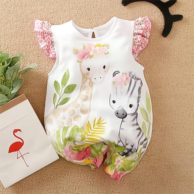 Cute Giraffe + Zebra With Floral Print Long Sleeve Baby Girl Clothes White - Image 2