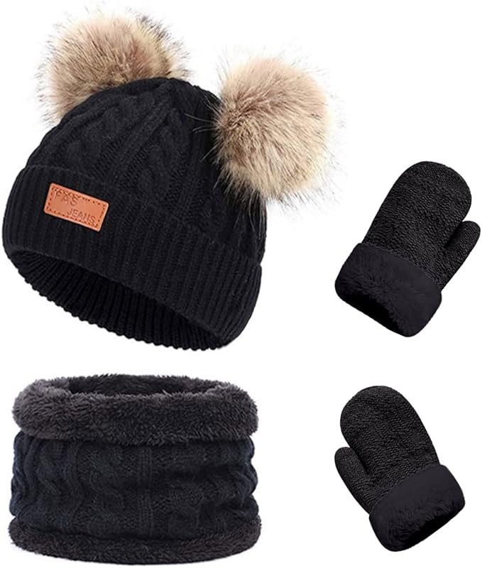 Duoyeree Baby Winter Hat Scarf Glove Beanie Set Girls Boys Pom Pom Knitted by Duoyeree