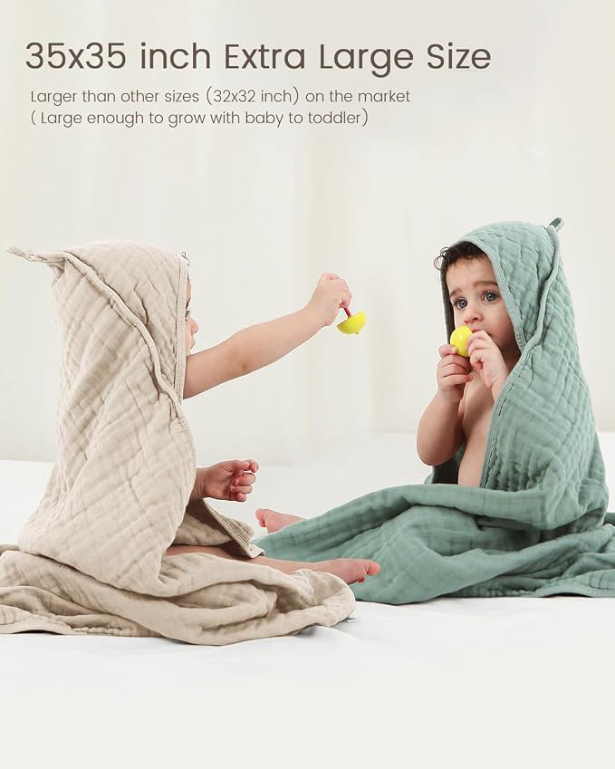 Hooded Baby Towels for Newborn, 35x35 Inch 3 Pack 100% Muslin Cotton Baby Bath - Image 2