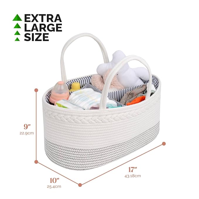 luxury little Diaper Caddy Organizer, Extra Large Cotton Rope Nursery Basket - Image 3