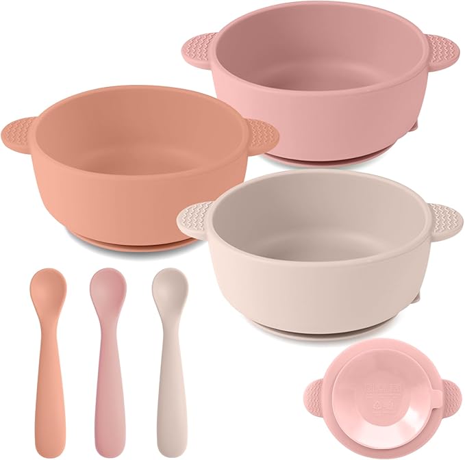 3 Pack Baby Bowls with Suction and 3 Pack Baby Spoons, BPA Free, Silicone Baby by Eascrozn