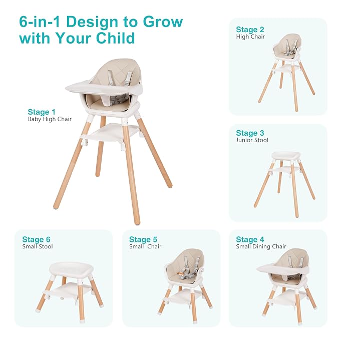 High Chair, 6 in 1 Wooden Convertible High Chairs - Image 2