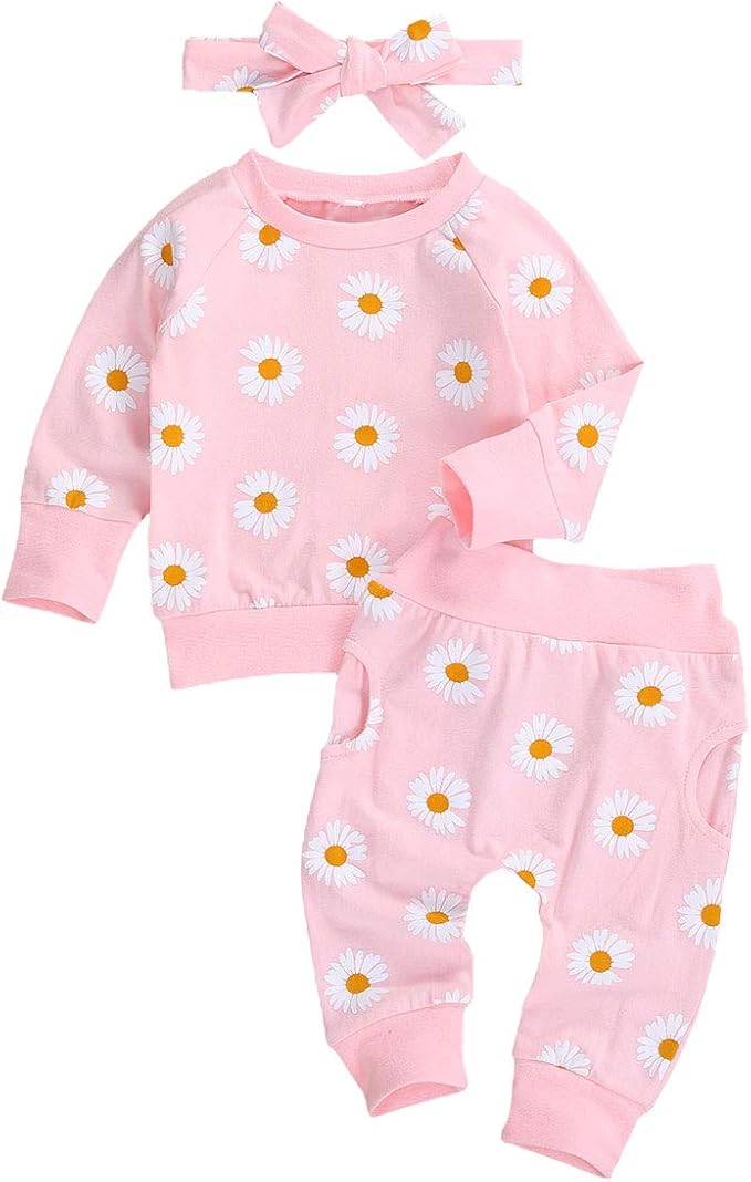3Pcs Baby Girl Outfits Daisy Sweatshirt + Pants + Headband Infant Fall Winter by CIYCUIT