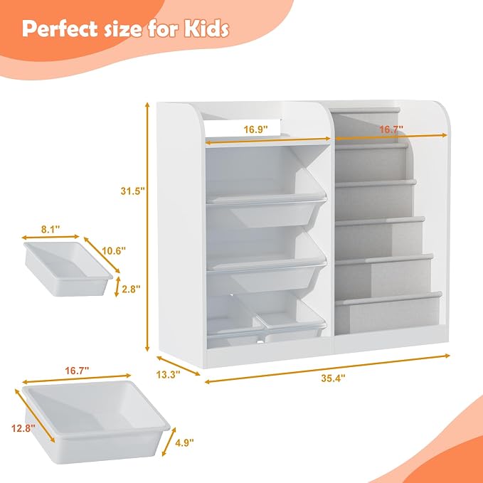 White Kids Wood Bookshelf Toy Storage Box Organizer Shelf W/4 Removable Plastic - Image 2