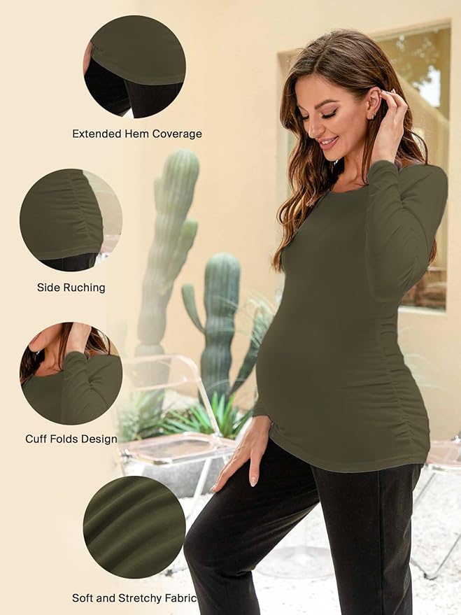 Ecavus Women's Maternity Shirts Long Sleeve Soft Stretchy Pregnancy Tops Side - Image 3