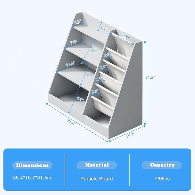 Gray 4 Tier Kids Wooden Bookshelf, Five Layer Sling Toddler Front Facing - Image 3