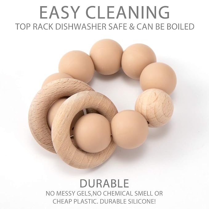 Silicone Baby Teether, Food Grade Silicone & Beech Baby Teething Toy, BPA Free - Image 4