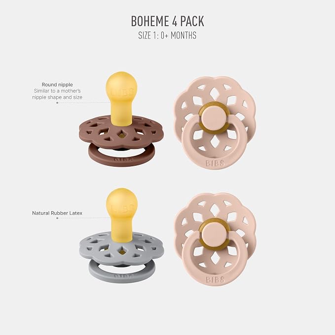 BIBS Boheme Soother 4-Pack | BPA Free Dummy Pacifier | Round Nipple | Natural - Image 2