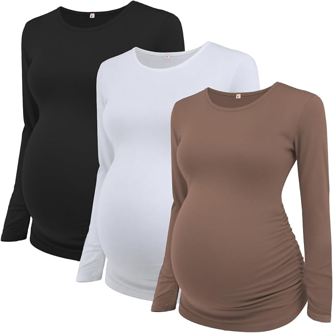 Ecavus Women's Maternity Shirts Long Sleeve Soft Stretchy Pregnancy Tops Side by Ecavus