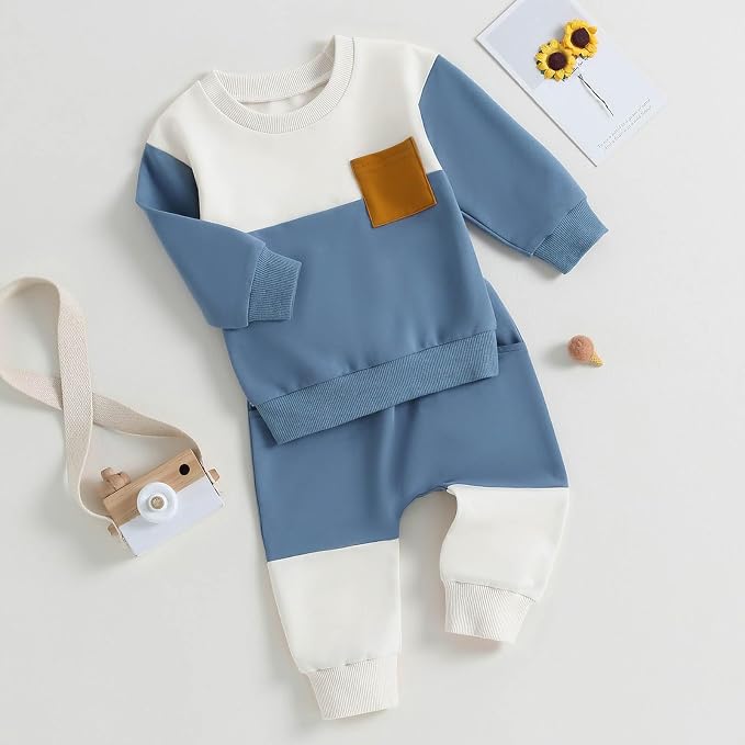 Toddler Baby Boy Fall Clothes Waffle Contrast Color Sweatshirt Pants Sets - Image 3