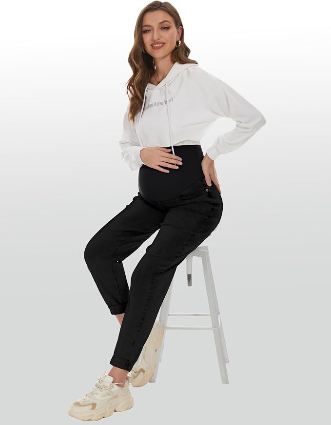 POSHGLAM Women's Maternity Jeans Over Belly Comfy Stretch 28'' Boyfriend Jeans - Image 4