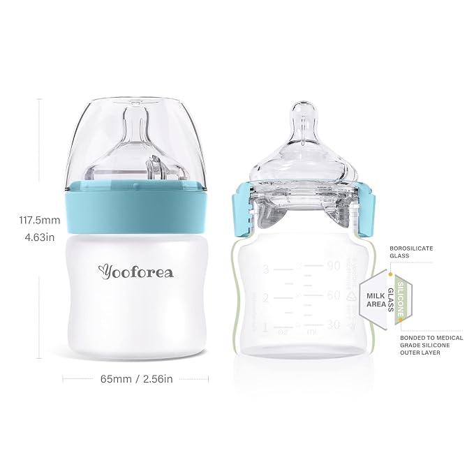 Yooforea Silicone Coated Glass Baby Bottle, 0M+ Slow Flow Nipple I Anti-Colic - Image 2