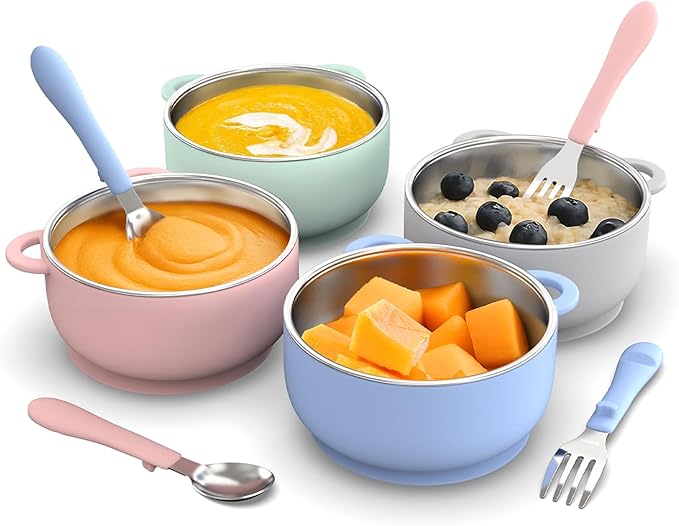 Toddler Feeding Suction Bowls and Utensils Set, 2-in-1 Stainless Steel 304 Kids by Bakpoco