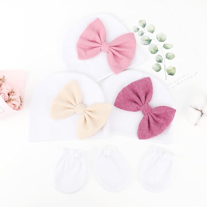 BQUBO Newborn Baby Girls Hats Mittens Set Hospital Hat Beanie Infant Bow Hats - Image 6